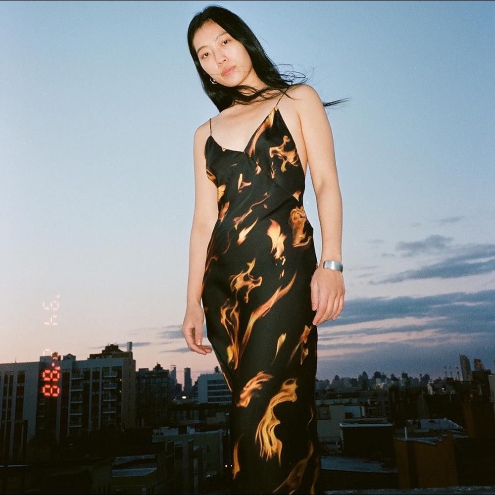 Priscavera Black Silk Slip Dress with Flame Print